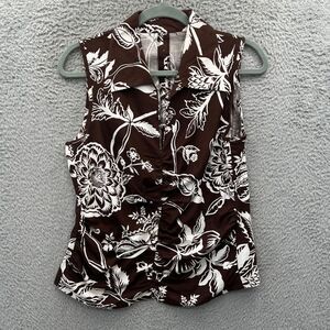 Brown White Floral Print Sleeveless Button Front‎ Top S/M Momcore Normcore Indie
